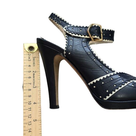 Max Mara Y2K Black White Leather Peep Toe Heels Size 37 Mary Jane Stiletto - Picture 8 of 8